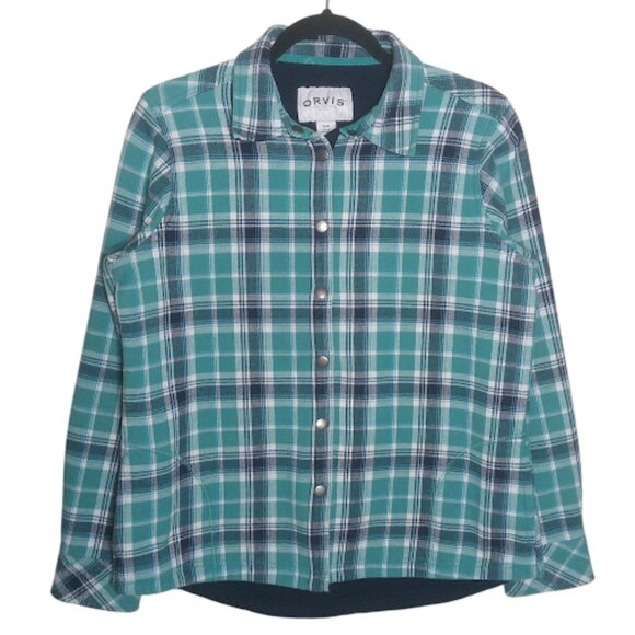 ORVIS | Womens Blue Teal Fleece Lined Plaid Flannel Shacket Snap Button Western - Picture 1 of 13